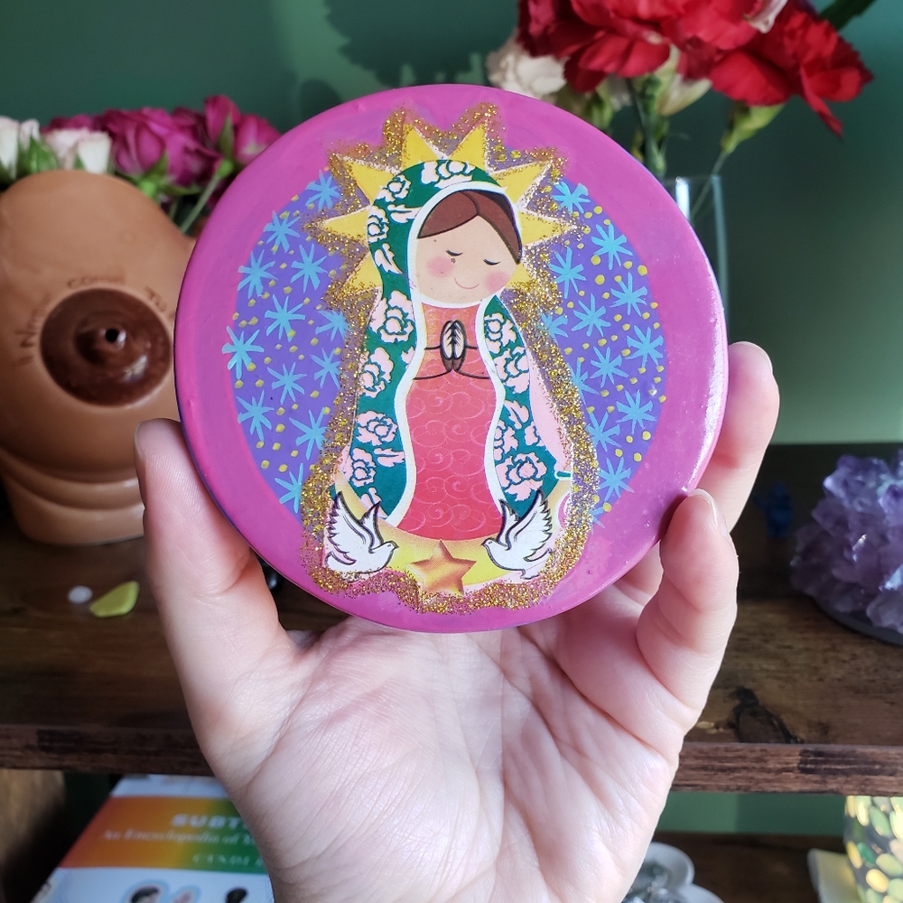 Virgin Mary Virgencita Ceramic Jewelry Tricket Box in Pink and Purple